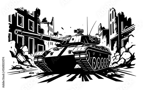 Battle tank in ruined city vector illustration – armored war machine crushing rubble among destroyed urban buildings, gritty monochrome style