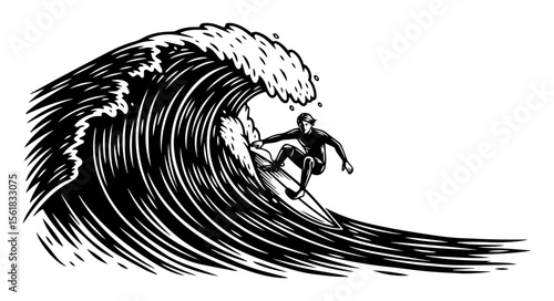 surfing wave with rider – black and white vintage vector