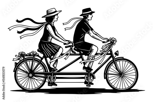 couple riding tandem bicycle vector illustration