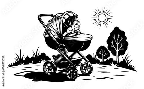 Baby stroller vector illustration – cute infant sitting in modern pram enjoying sunny park walk, detailed monochrome drawing