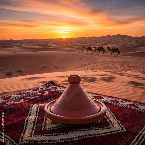 Fototapeta Naklejka Na Ścianę i Meble -  Um tajine aromático repousa sobre um tapete berbere no meio das dunas douradas, enquanto camelos caminham ao fundo e o céu pinta-se de laranja e púrpura.