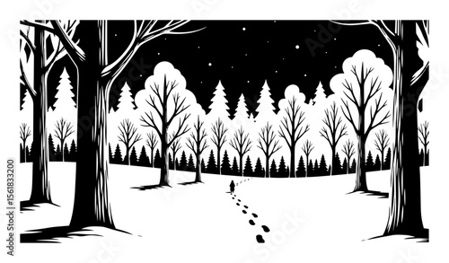 Winter forest night vector illustration – snowy woodland trail with footprints leading through pine trees under starry sky, tranquil monochrome landscape