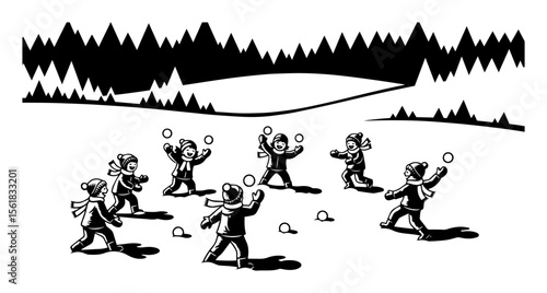 children snowball fight in winter field, playful retro black and white vector illustration