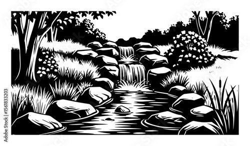 forest stream with waterfall and rocks, peaceful nature vector in retro black and white engraving style