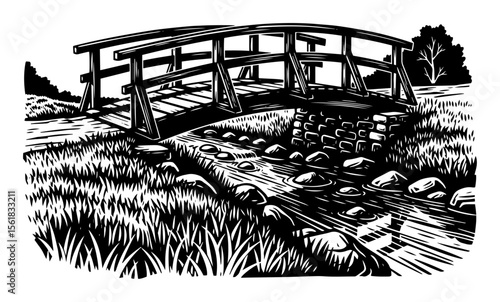 wooden bridge crossing a small stream in hand drawn vector style