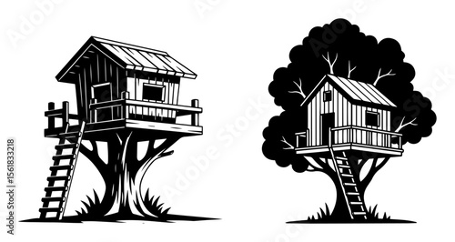two treehouses built on trees in woodcut vector illustration style