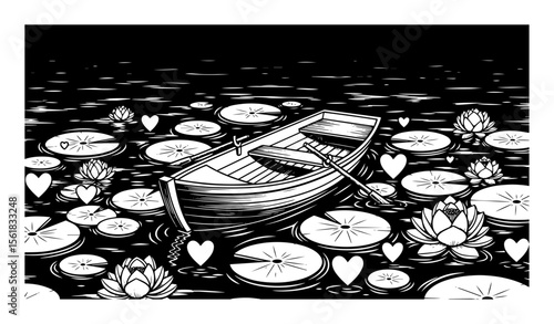Love Boat amid Lotus Flowers – Black and White Vector