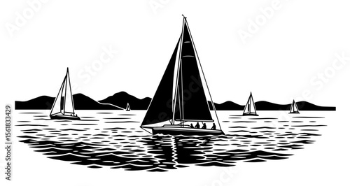 black and white vector of sailboats gliding on water with mountains in the distance
