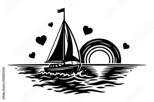 romantic black and white vector of a sailboat with hearts and rainbow on the sea
