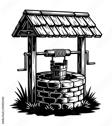 vintage water well with bucket vector