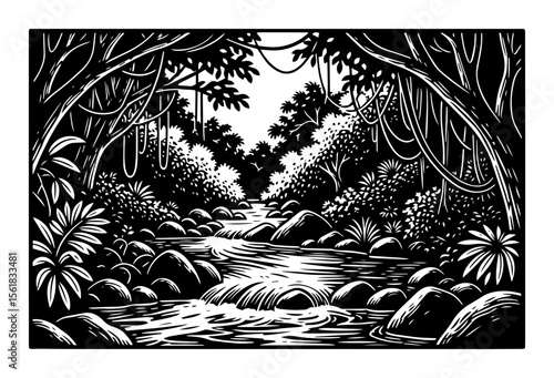 river flowing through tropical jungle in detailed black and white vector