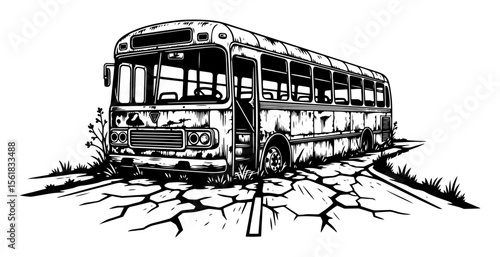post apocalyptic old abandoned bus on cracked road, detailed black and white vector with distressed textures