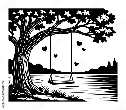 romantic black and white vector of swing hanging from tree by the lake, peaceful landscape with hearts
