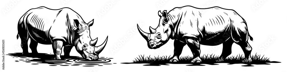 Obraz premium two rhinoceroses in black and white style, one grazing and one walking, detailed vector