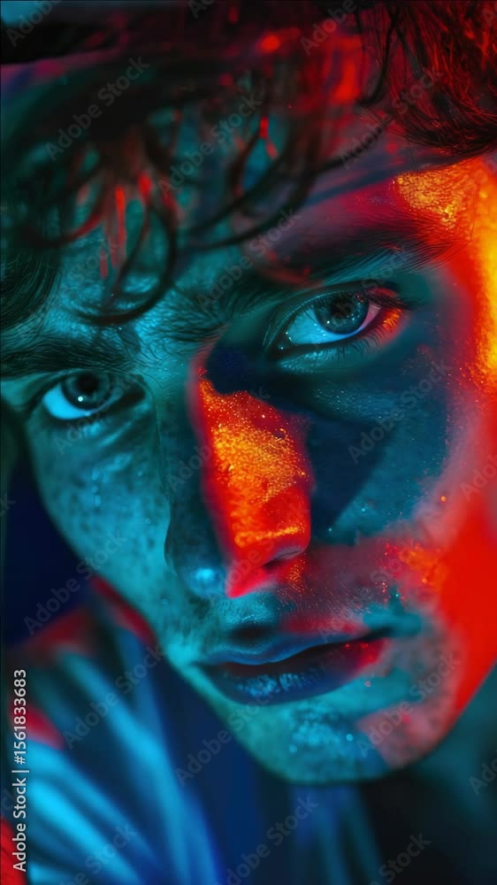 Male model with intense gaze, neon lights background, dark and moody feel Male model with intense gaze, neon lights background, dark and moody feel