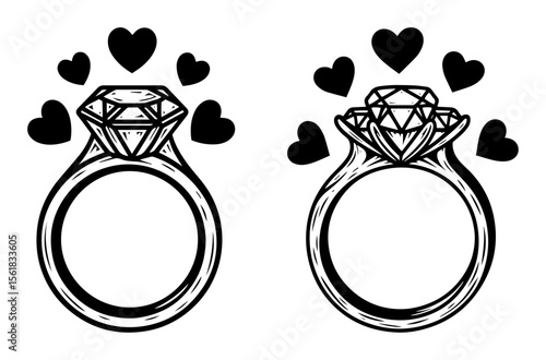 engagement rings with hearts black and white vector