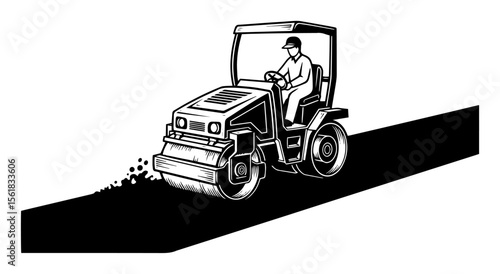 road roller paving asphalt black and white vector