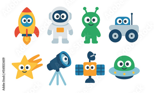 Cute space icons: rocket, astronaut, alien, rover, star, telescope, satellite, ufo