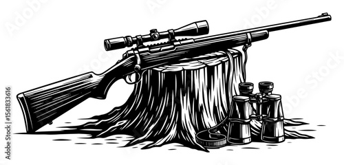 hunting rifle and binoculars on tree stump in black and white vintage style vector

