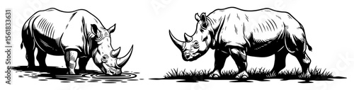 two rhinoceroses in black and white style, one grazing and one walking, detailed vector