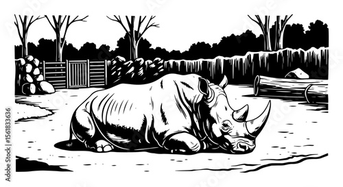 resting rhinoceros laying on the ground inside fenced enclosure, black and white vector