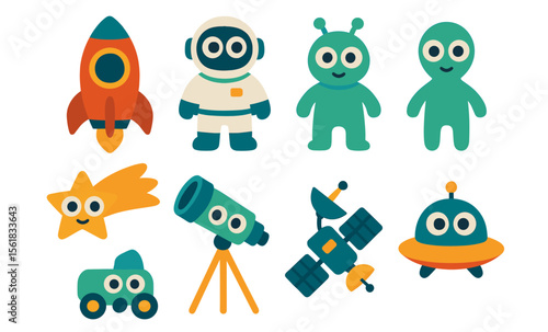 Colorful cartoon space elements with rocket, astronaut, aliens, and telescope