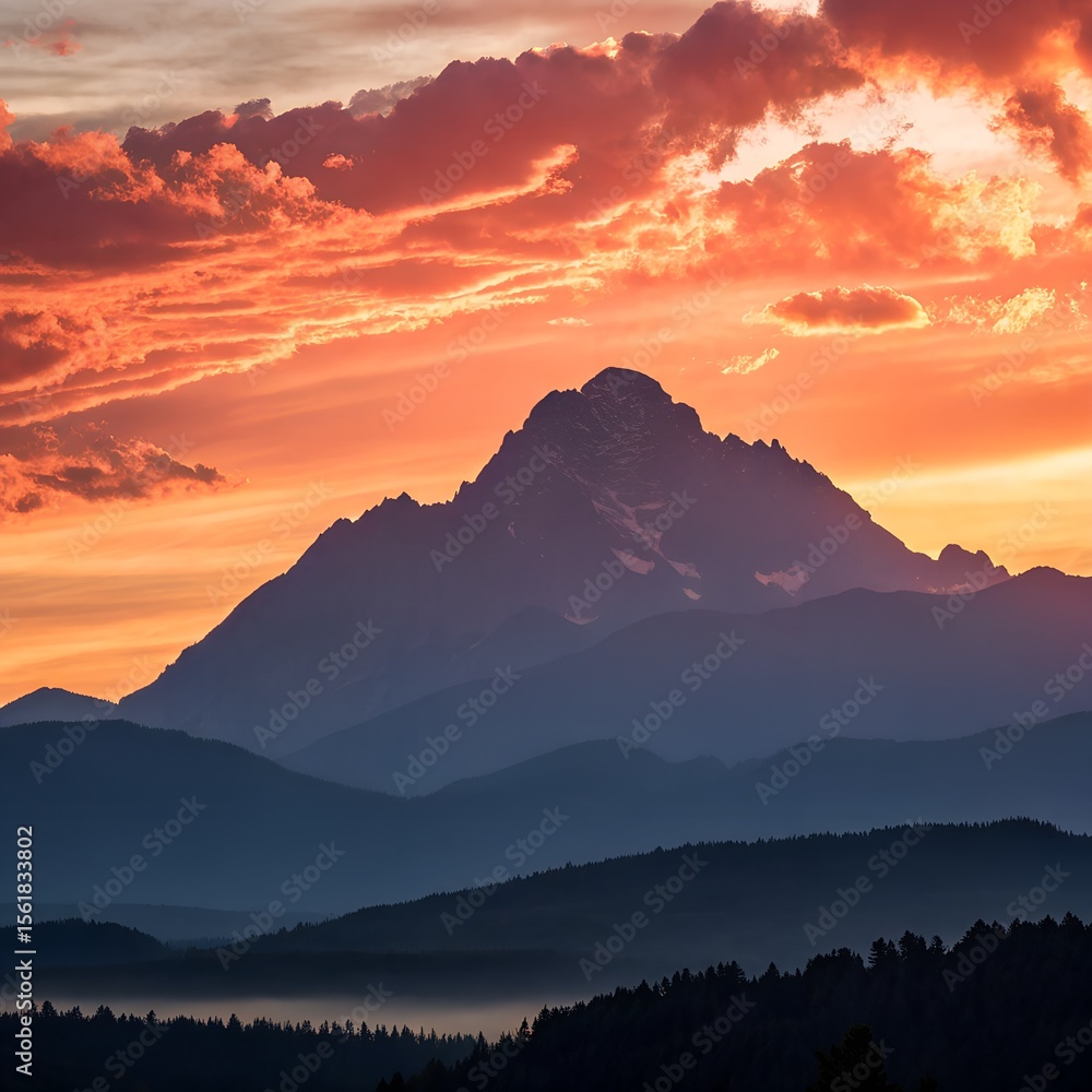 Fototapeta premium Sunset view over mountain landscape with glowing sky and clouds
