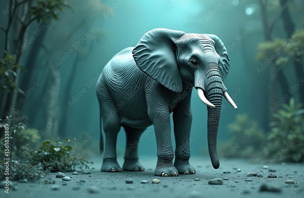 Fototapeta premium Majestic elephant stands in serene forest habitat. Animal represents wild life, safari journey, zoo visit. Fauna, nature, environment, conservation, eco-tourism concepts.