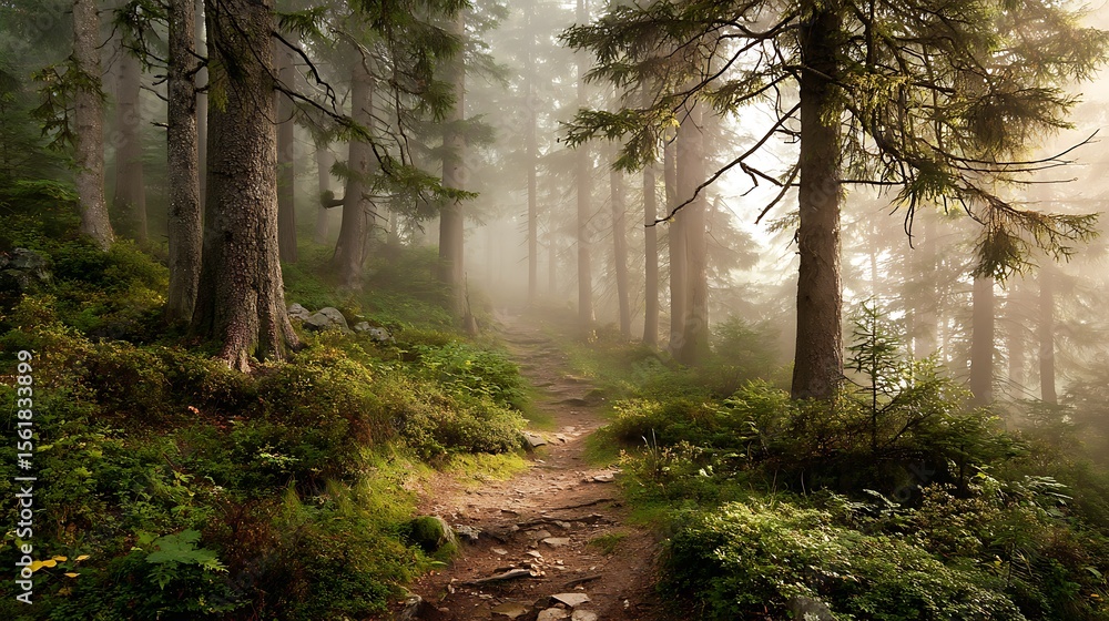 Obraz premium Sunlit path in a misty forest .