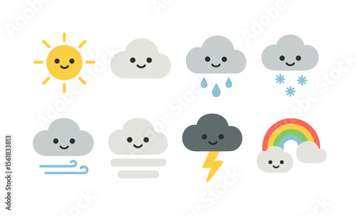 Cute weather icons set featuring sun, clouds, rain, snow, wind, fog, lightning, and rainbow