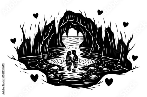 Lovers in Secret Cave Lagoon – Black and White Vector