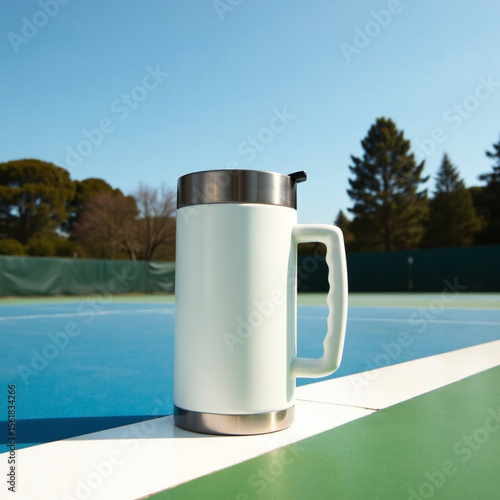 White Travel Mug Mockup on Sunny Tennis Court: Serene Outdoor Scene