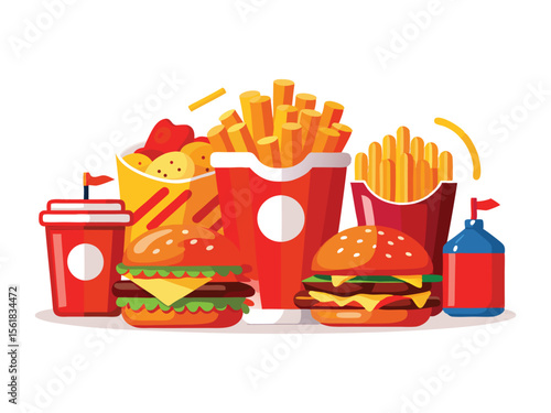 Delicious fast food combo meal with burgers fries and drinks isolated on white background
