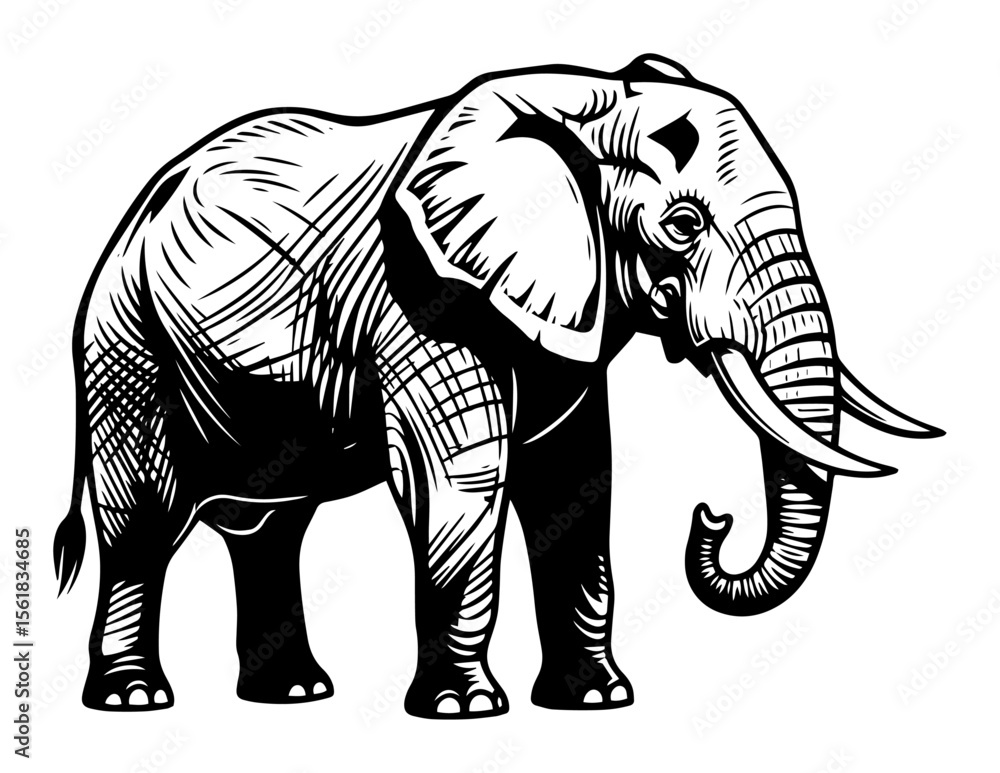 Fototapeta premium detailed engraving of african elephant with large tusks, majestic animal in side profile pose
