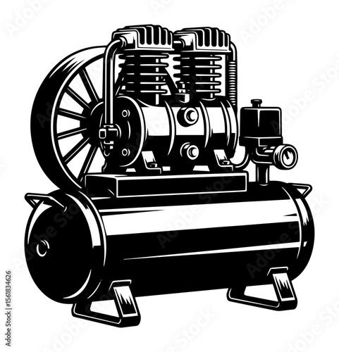 black and white vector of air compressor machine, engraved style industrial tool for workshop or garage