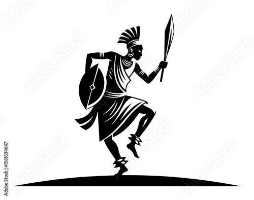 warrior in dynamic pose with shield and weapon, tribal silhouette in engraving style