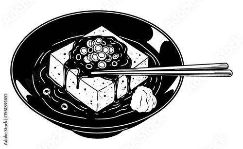japanese tofu with sauce and chopsticks in black and white retro vector illustration