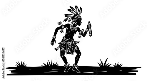 tribal dancer black and white vector illustration