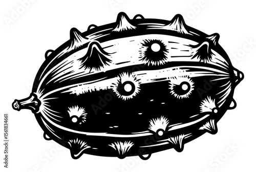 kiwano exotic spiked fruit in black and white engraving style vector illustration