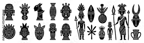 collection of african tribal masks and symbols in black and white vector illustration