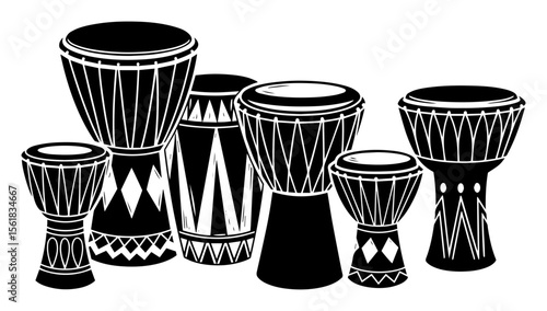 set of traditional african drums with ethnic patterns, hand percussion instruments used in tribal music and ceremonies
