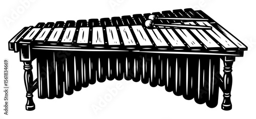 engraved vector of handcrafted marimba with resonators and mallets, traditional wooden xylophone used in folk music