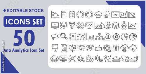 Data analytics icon set. Containing database, statistics, analytics, server, monitoring, computing, network and more. Vector illustration