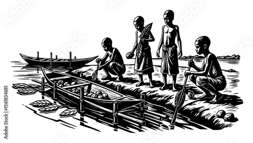 peaceful riverside scene with african children near canoe, engaging in daily life by the water in rural setting