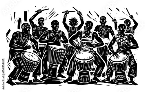 black and white vector of group of people playing traditional african drums with dynamic movement