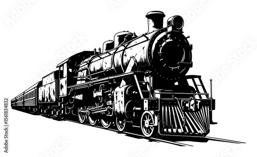 classic steam locomotive in engraving style, retro black and white vector for transport themes