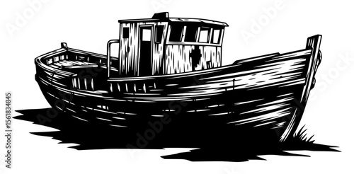 aged fishing boat on shore in retro engraving style, rustic maritime vector illustration