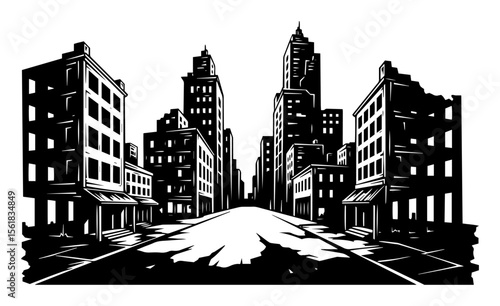 city buildings on empty street in retro woodcut style, black and white urban scene