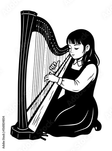 young harpist seated with instrument vector