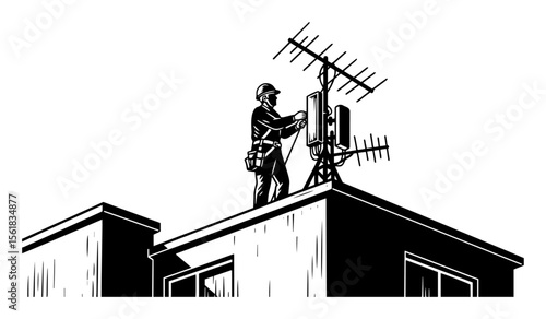 black and white vector of technician installing antenna on rooftop of building